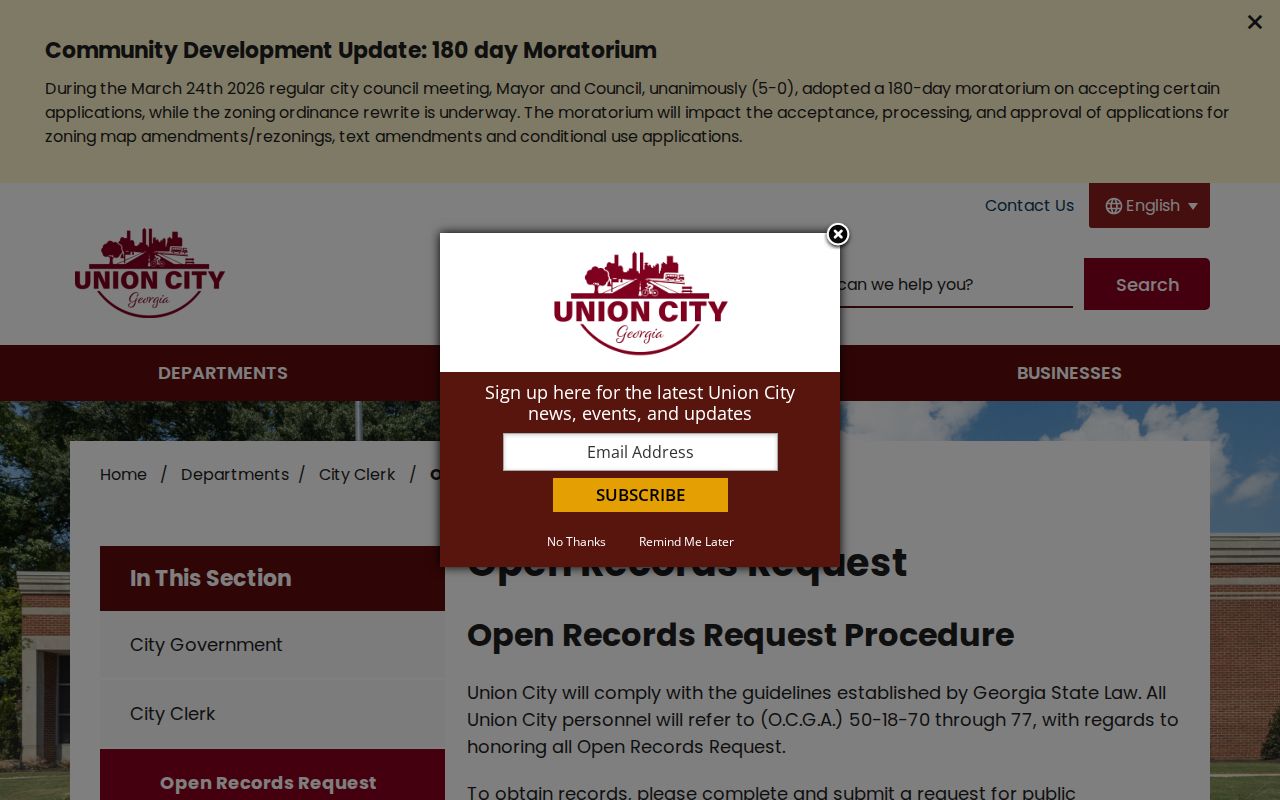 Union City residents directory open records request page