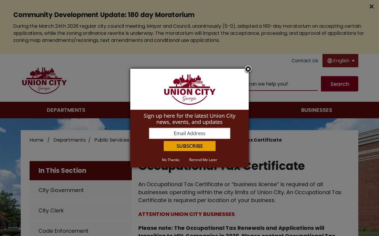 Union City occupational tax certificate information for local business address context