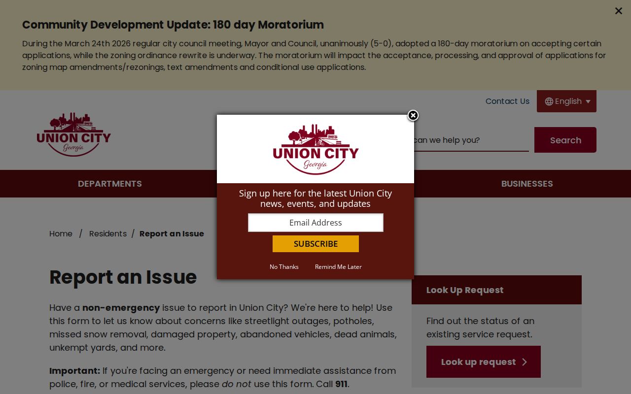 Union City mapped service request page used to research public block conditions