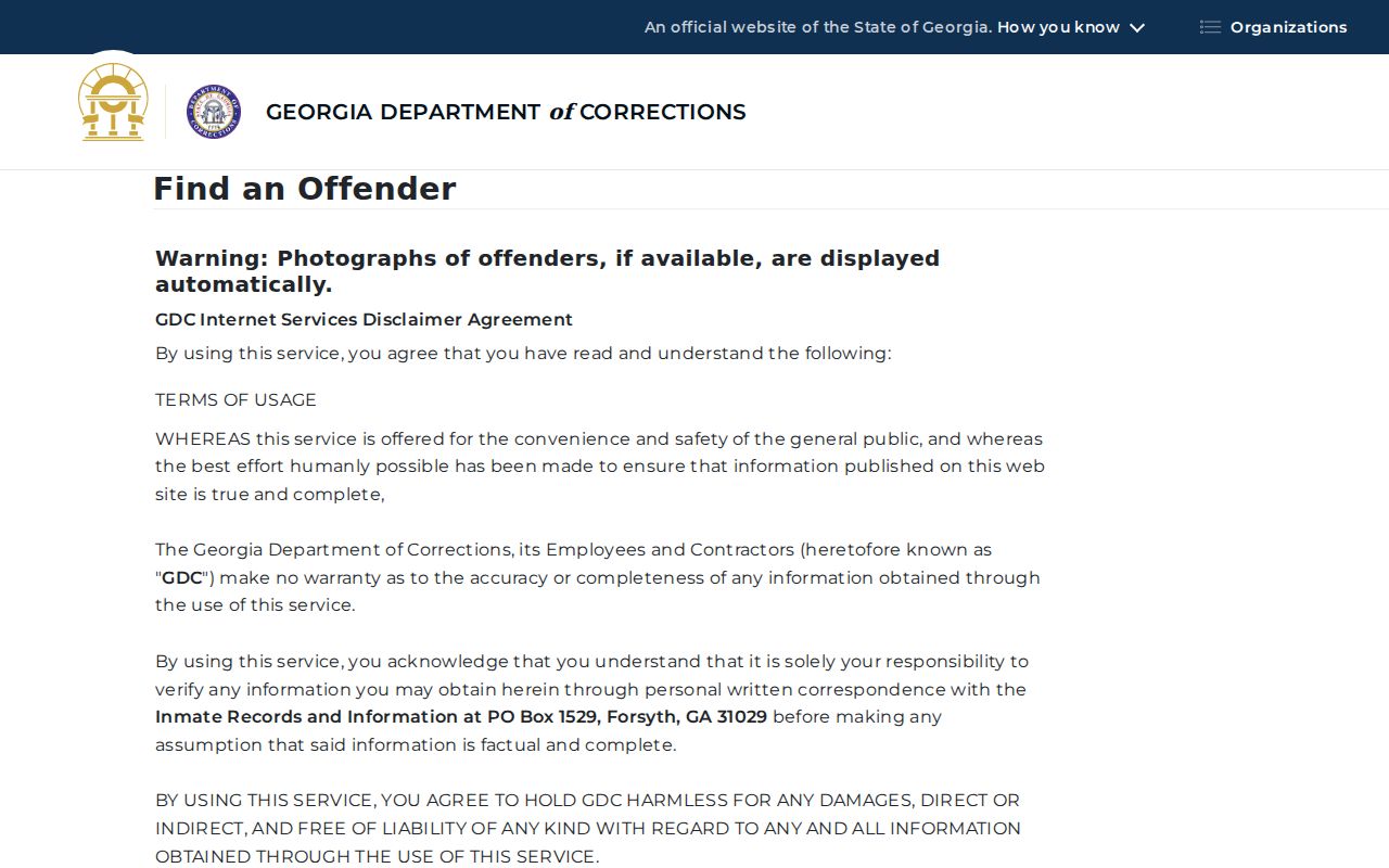 Georgia Department of Corrections offender query for name verification