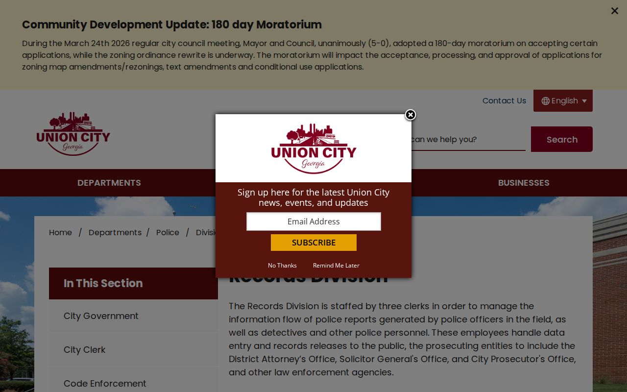 Union City Police Records Division public information