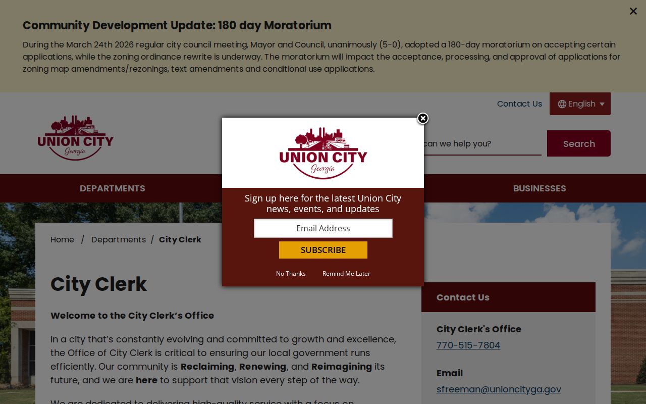 Union City Clerk page for municipal ZIP and boundary records requests